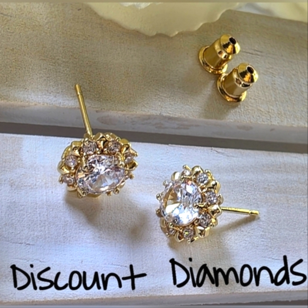 Clear White Round Cut & Baguette Diamond Earrings 18K Yellow Gold On 92…